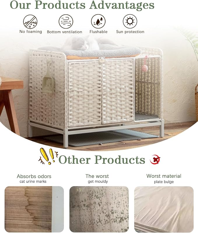 SETVSON Cat Litter Box Enclosure Furniture with Divider, Handwoven Rattan Litter Box with Mat, 31.2 x 19.6 x 24.2 Inches, Metal Heightened Feet, Hidden Cat House for Living Room, Bedroom (White)