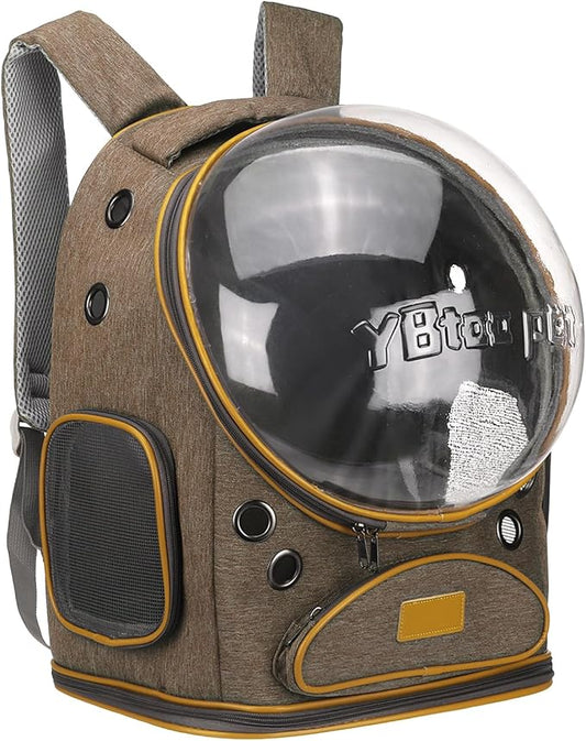 Pet Backpack Carrier, Portable and Ventilated, Oxford Cloth, Dog Cat Travel Bag with Transparent Cover 12.6", (Brown, 1 Pcs), Intended for Hiking/Camping/Traveling