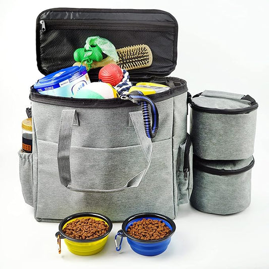 Dog Travel Bag,Multi-Function Pockets Airline Approved Tote Organizer,Food Container Bag and Collapsible Bowl