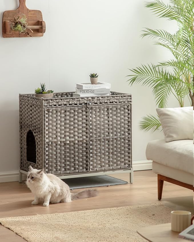 SETVSON Cat Litter Box Enclosure Furniture, Hidden Handwoven Rattan Litter Box with Mat, Large Cat House with Metal Heightened Feet, 30.3 x 18.3 x 28 Inches, Indoor for Living Room, Bedroom Gray