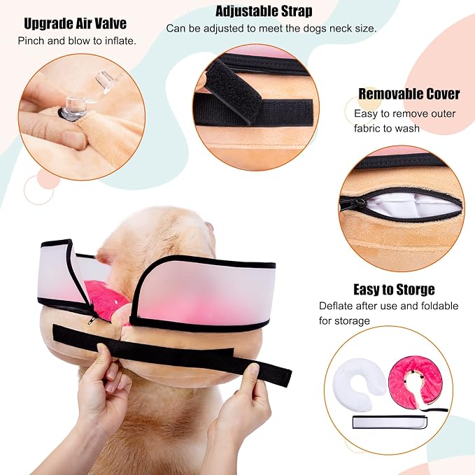 Inflatable Dog Cone Collar with Enhanced Anti-Licking, Soft Neck Donut for Dogs Cats, Recovery Pet Cone Collar After Surgery for Large Medium Small Dogs… (Donut Pink, Medium+)