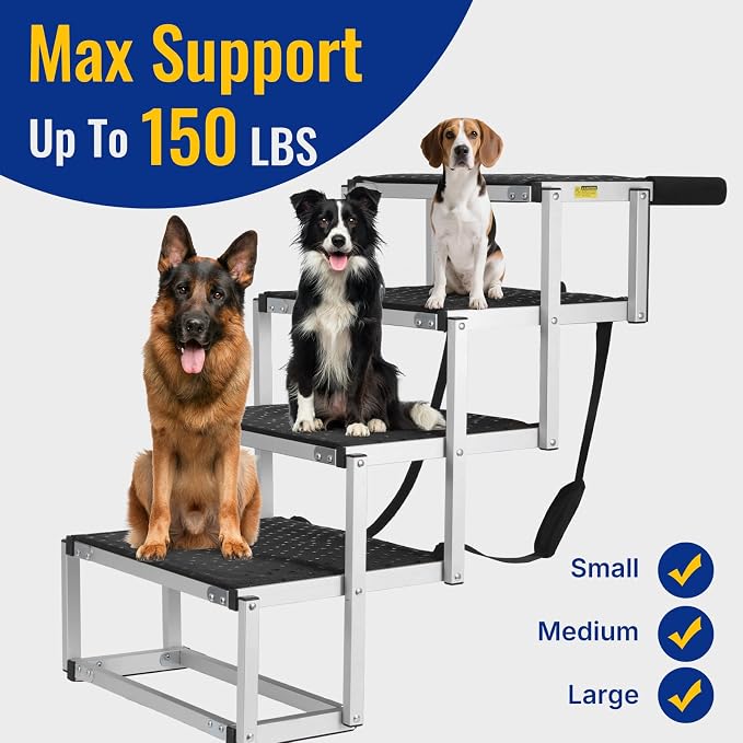 Foldable Dog Ramp for Car - Lightweight Aluminum Dog Stairs for Large Dogs, 5-Step Dogs Ladder for SUV/Truck/Indoor Bed and Sofas, Portable Pet Steps with 154 lbs Capacity
