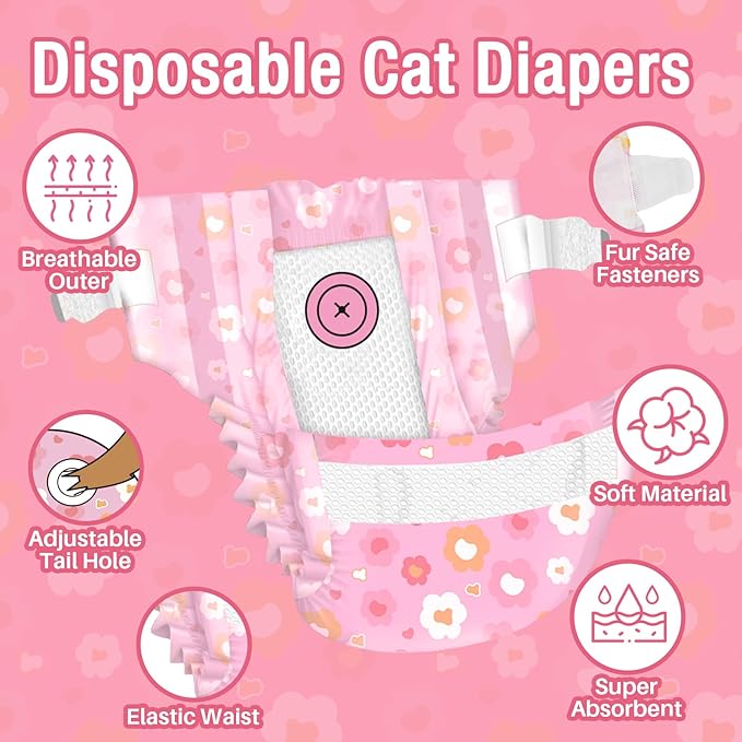 Pet Soft Disposable Cat Diapers - Diaper for Female & Male Cats, Puppy Doggie Diapers for Female Dogs with Adjustable Foam Tail Hole, Small (24Pcs, PK Flowers)