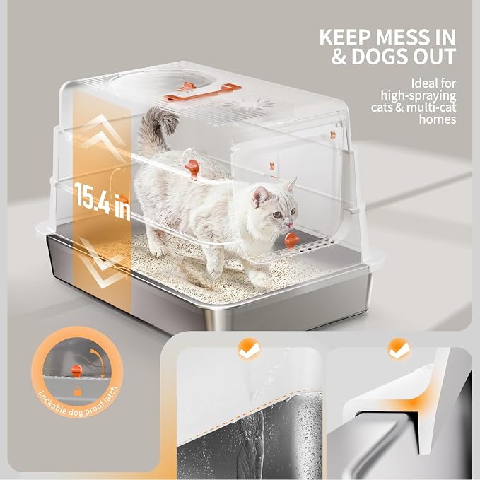 Stainless Steel Cat Litter Box with Lid, Enclosed Extra Large Metal Litter Pan for Big Cats, Full Flip Cover High Sided LitterBox Include Scoop, Easy Cleaning, Non-Stick, White