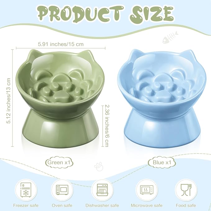 Funnymoom 2 Pcs Ceramic Raised Slow Feeder Cat Bowl, 5.91inch Elevated Cat Slow Feeder Bowl Tilted Anti Vomiting for Dry Wet Food and Water Easy to Clean High Edge(Green, Blue)