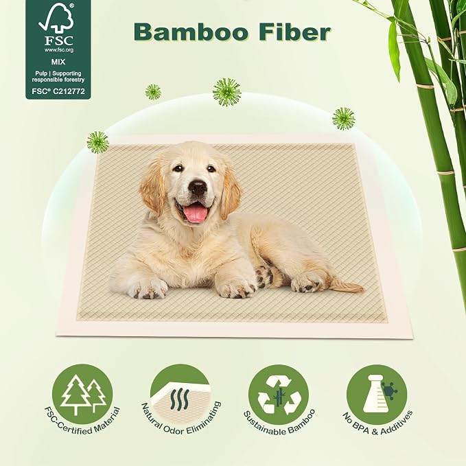 MIZOK Puppy Pads Small 22x22 Pee Pads for Dogs Bamboo Odor Eliminating & 6-Layer Absorbent Leak-Proof Dog Pee Pads Potty Training with Adhesive Tabs, Disposable (100 Counts)