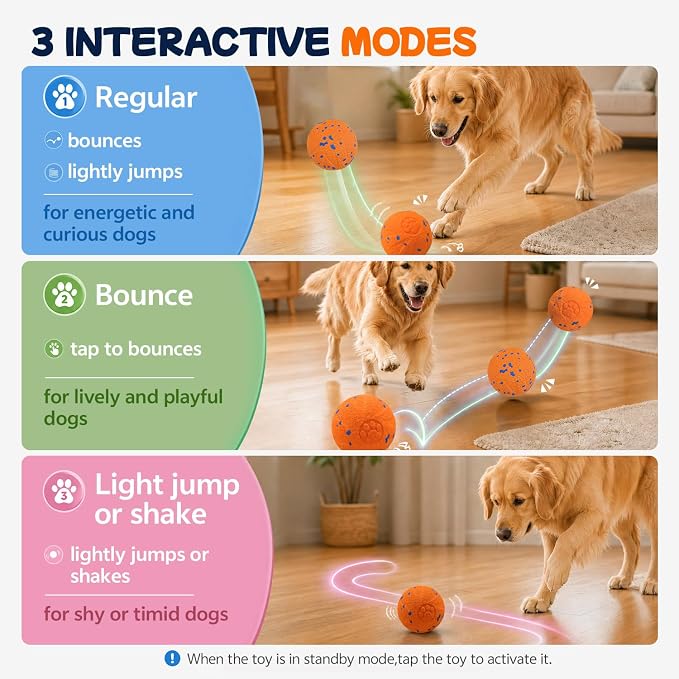 Smart Interactive Dog Toy Ball, 3 Automatic Bouncy Modes, Durable E-TPU Material for Chewing, Rechargeable and IPX7 Waterproof, Enrichment Toy for Medium and Large Dogs (Orange)
