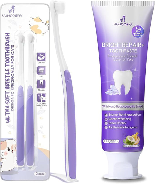 Cat Toothbrush for Daily Teeth Cleaning 2pcs + 6% nHA Pet Dual-Enzymatic Toothpaste