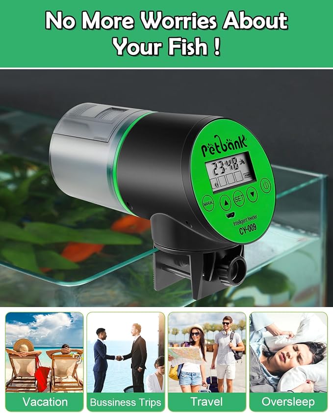 Automatic Fish Feeder for Aquariums - Rechargeable Auto Fish Food Dispenser Timer Feeder with USB Charger Cable，LCD Screen, Customized Schedule
