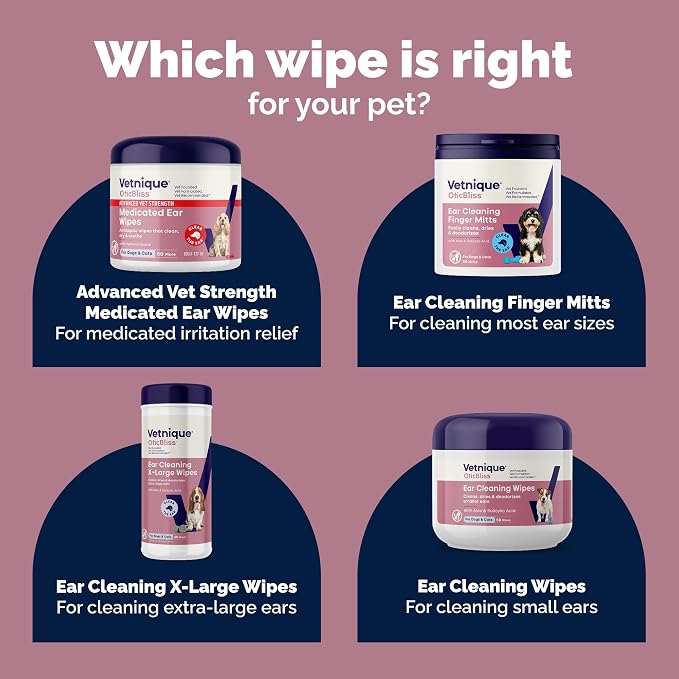 Vetnique Oticbliss Dog Ear Wipes, Cat & Dog Finger Mitt Ear Cleaner, Cleaning & Deodorizing Wipes for Dogs, Cats & Puppies, Remove Ear Wax, Dirt & Odor, Aloe for Itchy Ears (Fingermitt Wipes)