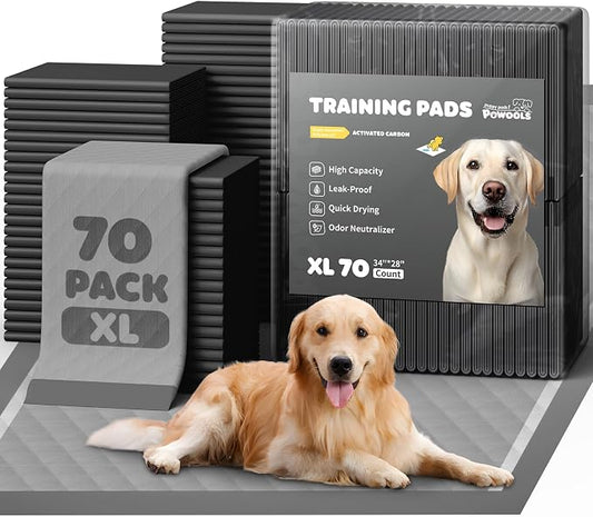 Powools Charcoal Puppy Pads - 70 Packs, 34"×28" Ultra-Large Puppy Pads, Odor-Control Carbon Pee Pads for Dogs, 6-Layer Ultra-Absorbent & Quick-Dry Black Training Pads