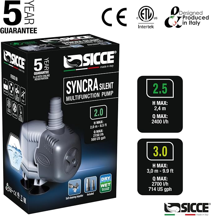 SICCE Syncra Silent 3.0 Multifunction 714 GPH Submersible Water Pump | Italian Made 48W Ultra Quiet Durable Aquarium Fish Tank, Fountain, Pond, Hydroponics, Terrarium Black | Freshwater & Saltwater