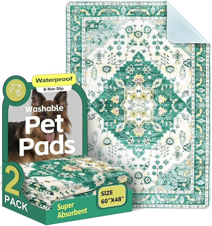 Washable Pee Pads for Dogs 2 Pack Reusable Puppy Training Pads 60"x48" Super Absorbent Waterproof Dog Training Pads, Non-Slip Potty Pads Whelping Pads Litter Mat Pet Supplies - Green Medallion