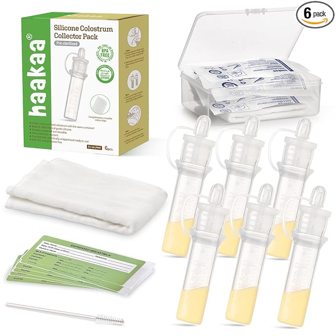 haakaa Colostrum Collector Kit Breast Milk Collector with Cotton Cloth Wipe and Storage Case, Ready-to-Use, Reusable, 4ml/6pcs | World-first design, 3-in-1 Collector, Safe food-grade silicone-BPA Free, Ready-to-use pack,Replace disposable syringes