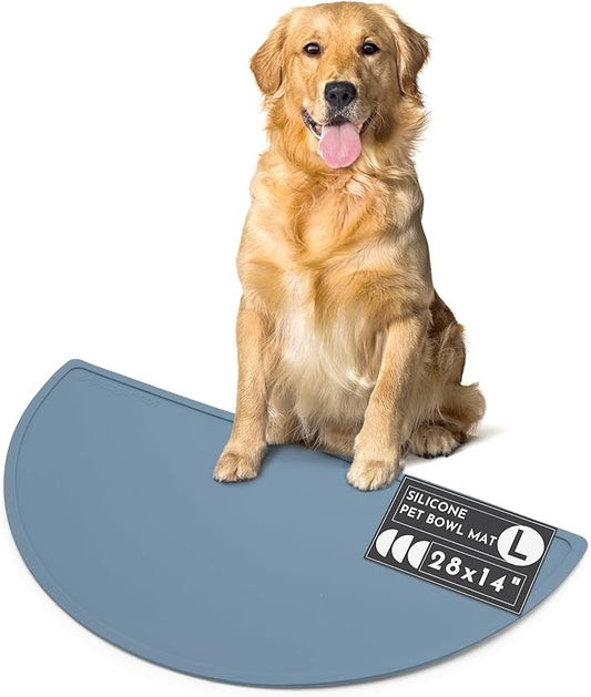 Should We Go? Waterproof Silicone Dog Food Mat – Large Size Non-Slip Pet Bowl Mat, Raised Edge Design, Easy-to-Clean Pet Food Placemat for Dog & Cat Bowls, 28" Across x 14" Deep - Ocean Blue