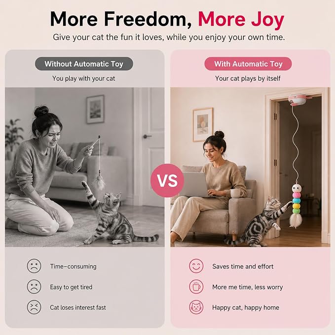 Interactive Cat Toys for Indoor Cats,Automatic Hanging Door Cat Teaser Toy with 6 accessories,2 Modes,Auto Pause & USB Rechargeable Electric Cat Chase Toy,Durable Safe for Bored Adult Kitten-Pink