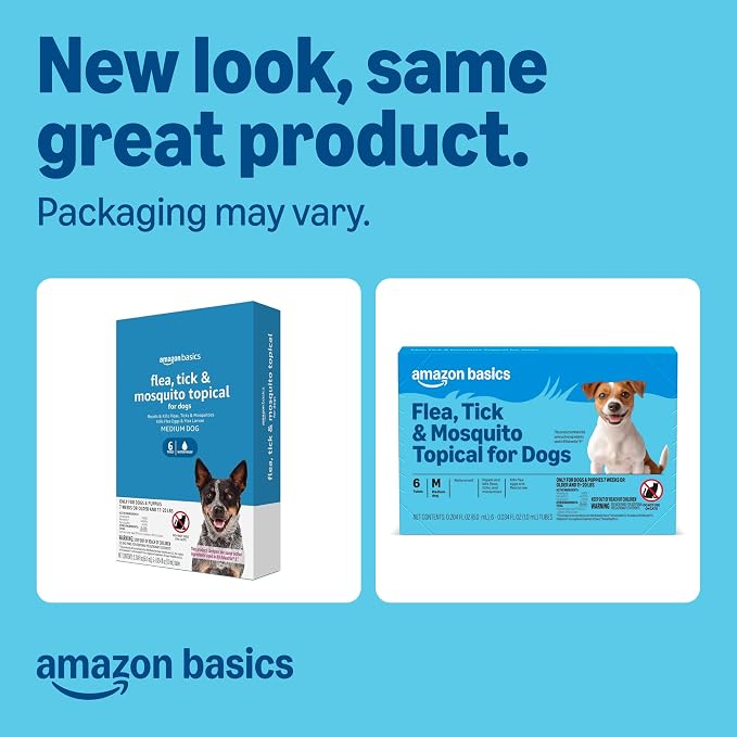 Amazon Basics Flea, Tick & Mosquito Topical Treatment & Prevention for Medium Dogs (11-20 pounds), Fast-Acting, Kills Fleas, Eggs & Larvae, 30 Day Protection, 6 Count, Packaging May Vary