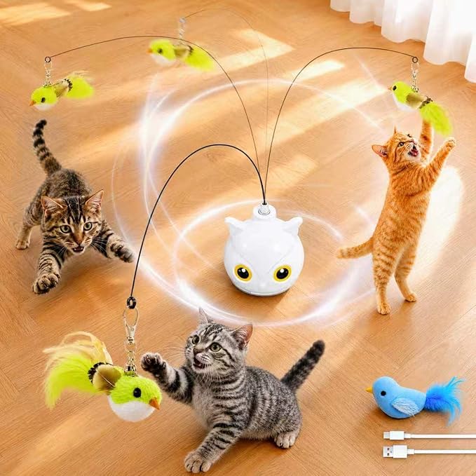 Interactive Cat Toys for Indoor Cats - Automatic Flying Bird Feather Toy with Sticky Suction Base, USB Rechargeable 360° Electric Cat Teaser, Touch Activated Self-Play Toy for Bored Cats