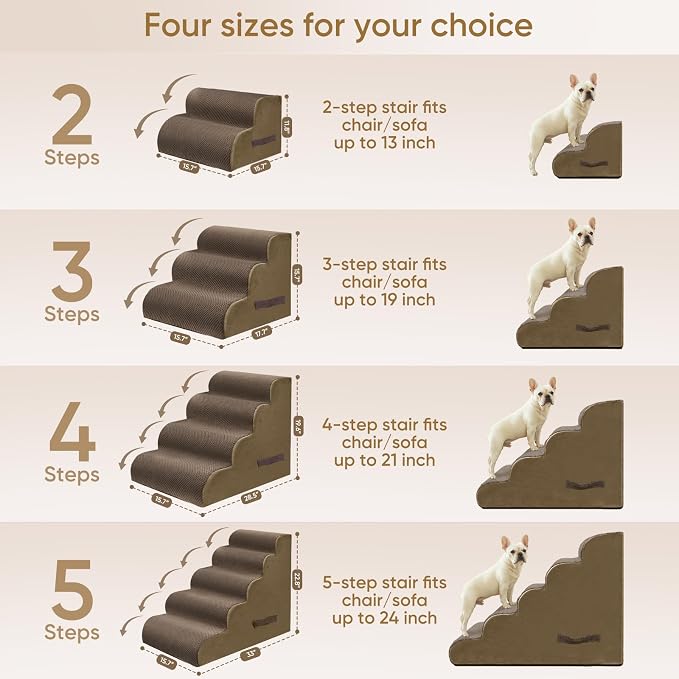 PAWSCRAT Pet Stairs for Dogs 4-Step, 19.6" H Pet Stairs for High Bed, Couch Sofa & Chair, 30D Material Soft Foam Dog Steps with Non-Slip Bottom Surface Removable Washable Cover, Brown