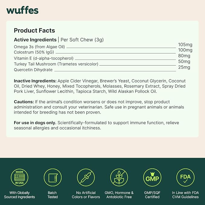 Wuffes Allergy & Itch Soft Chews, Dog Allergy Support with Colostrum, Vitamin E and Omega 3s for Dogs, Non-Drowsy Immune and Itchy Skin Support for All Dogs, 60 Soft Chews