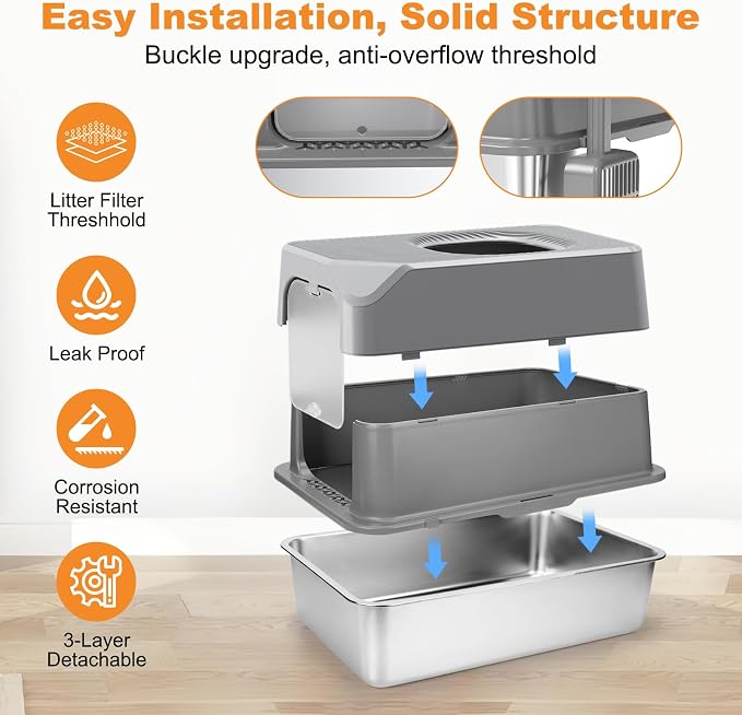 Extra Large Stainless Steel Cat Litter Box Enclosed with Lid - 23.6" x 15.7" x 16.5" Metal Cat Litter Box XXL for Cats, Front Top Entry High Side Kitty Litterbox，Scoop & Mat, Anti Leakage, No Sticky