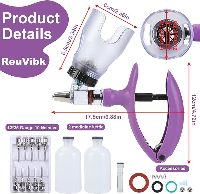 5ML Livestock Syringes, Automatic Self Refill Syringe Continuous Repeating Adjustable Bottle Attachment Livestock Animal Injection Gun with 10 Needles, for Chicken, Duck, Pig, Sheep, Cow Poultry