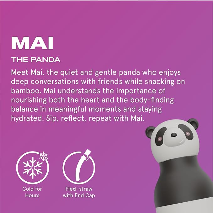 asobu Bestie Bottle Insulated Stainless Steel Water Bottle with Detachable Soft Animal Head Fun Drinking For Kids and Teens with Flexible Reusable Straw 16 Ounce (Panda)