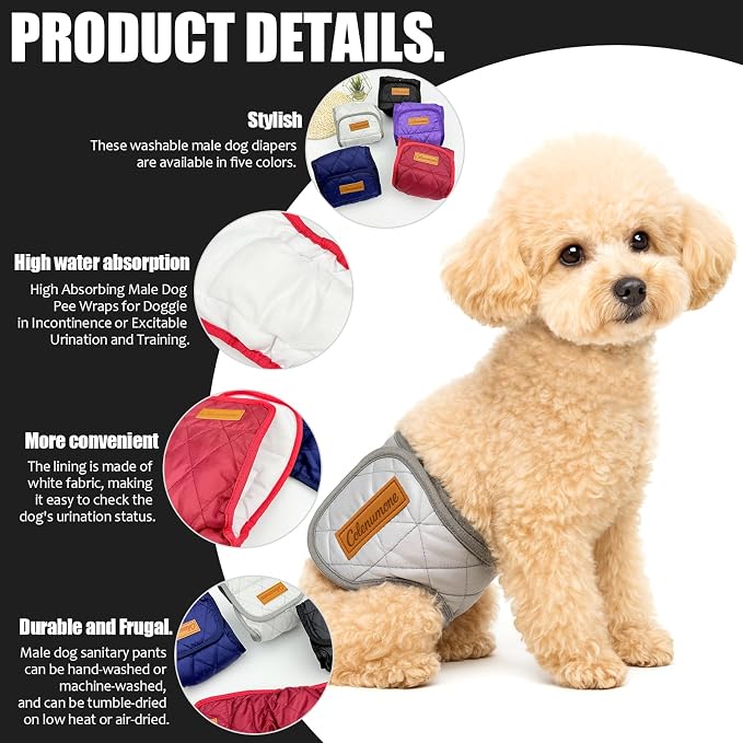 Washable Reusable Dog Diaper, Belly Bands for Male Dogs, Quilted Ultra-Absorbent Leak-Proof Wraps for Training & Incontinence(Dark Blue-L)