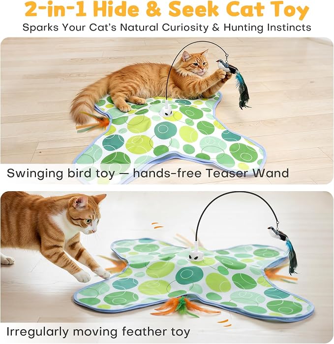 Interactive Cat Toys with Bird, Hide and Seek Cat Toy, 2 in 1 Automatic Moving Concealed Feathers for Indoor Cats, Non-Slip Suction, Touch Activated, USB Rechargeable, Green