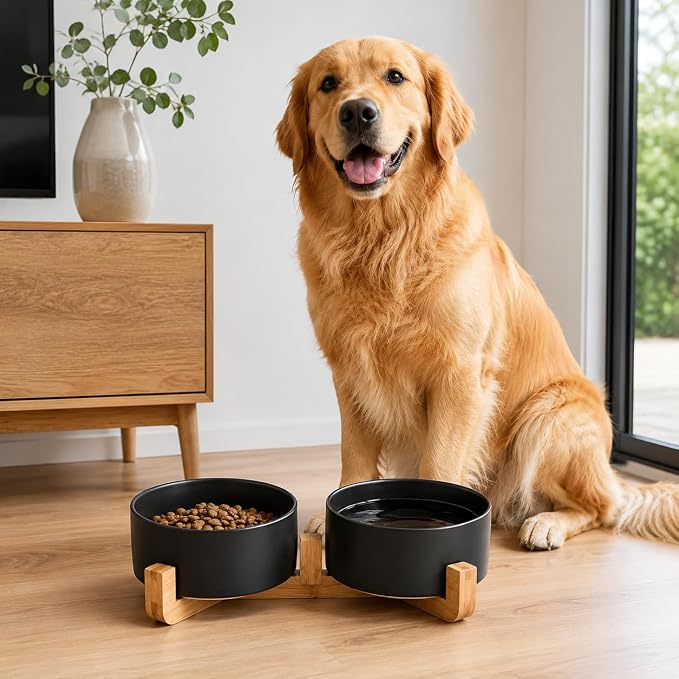 Petygooing Dog Bowls,Black Ceramic Cat Dog Bowl Set with Wood Stand for Pet Food and Water,Non-Slip Cute Modern Pet Dish Set for Cats Small and Medium Dogs (28OZ/6.1 in)
