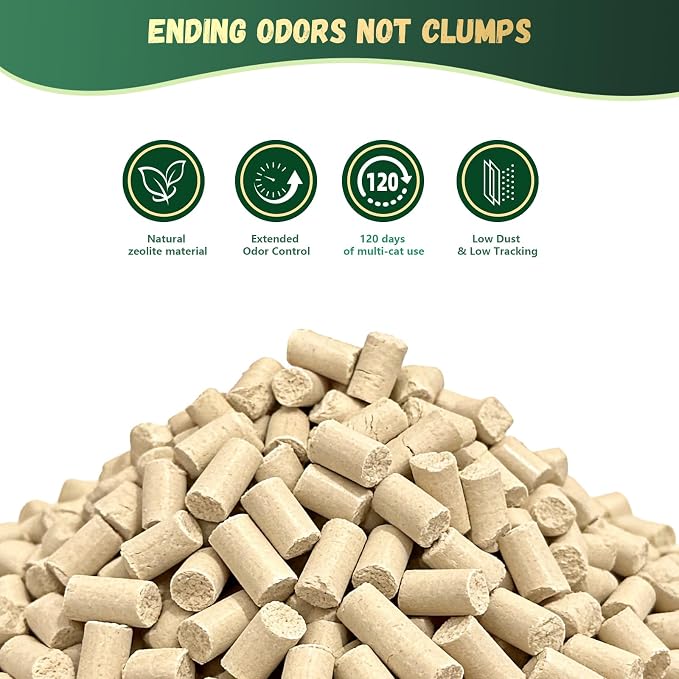 IMMCUTE Zeolite Litter Pellets, 18lb Bag Lasts 120 Days, Odor Control Cat Litter Pellets with Extra 10 Ct Pee Pads, Non Clumping Cat Litter, Low-Tracking, Unscented