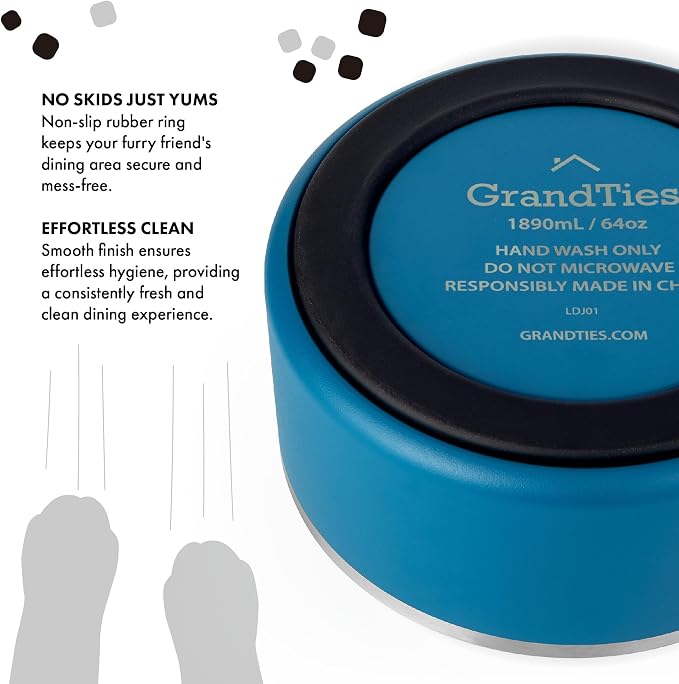 GrandTies Stainless Steel Dog Bowl | Engraved Reusable BPA-Free Insulated Pet Feeder | Large Heavy Duty Non Skid Spill Proof Dog Dish | Outdoor Water Bowl (64oz, Cobalt Blue)