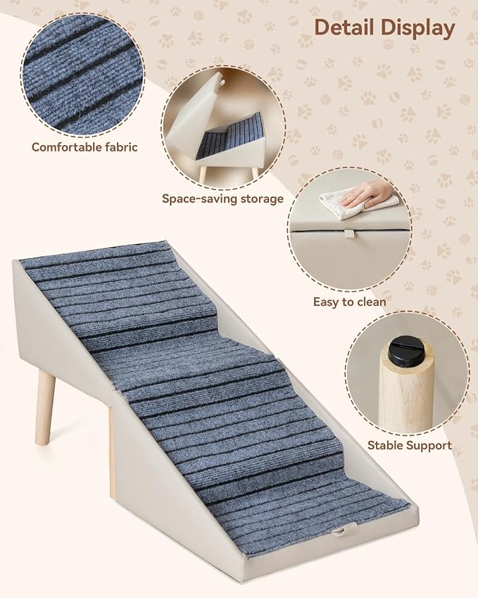 17.4" 4-Step Dog Ramp for High Bed, 2-in-1 Foldable Pet Steps & Ottoman | Non-Slip Joint Support, Wooden Dog Stairs for Couch,Space Saving for Small to Large Dogs, Puppies & Seniors