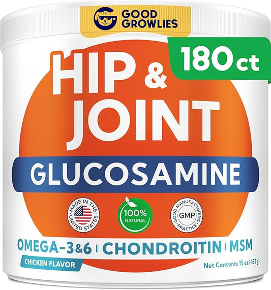 Glucosamine for Dogs Hip & Joint Supplement - Chondroitin, Omega-3, MSM - Joint Health & Pain Relief - Senior & Large Dogs - Made in USA - 180 Mobility Chews