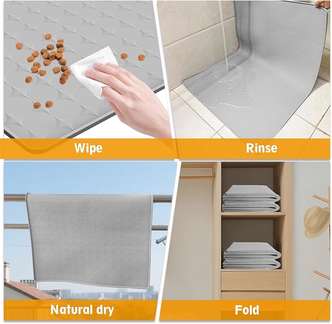 Extra Large Silicone Dog Food Mat 33.9"x21.9" – 0.27" Raised Edge Waterproof Pet Feeding Mat, Non-Slip Placemat for Multiple Bowls, Auto Feeders, Cat Fountains, Dishwasher Safe (Black/Gray)