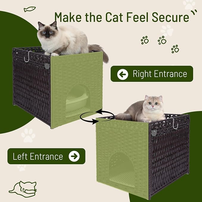 Neti Neti Cat Litter Box Enclosure Furniture, A Calm Enclosed Space Chosen by Cats, Handwoven Rattan Hidden Cabinet with 2 Removable Mats, Large Foldable Design for Indoor Use, Small, Brown