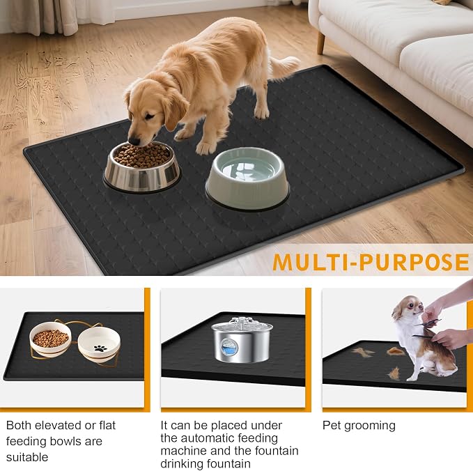 Extra Large Silicone Dog Food Mat 33.9"x21.9" – 0.27" Raised Edge Waterproof Pet Feeding Mat, Non-Slip Placemat for Multiple Bowls, Auto Feeders, Cat Fountains, Dishwasher Safe (Black/Gray)