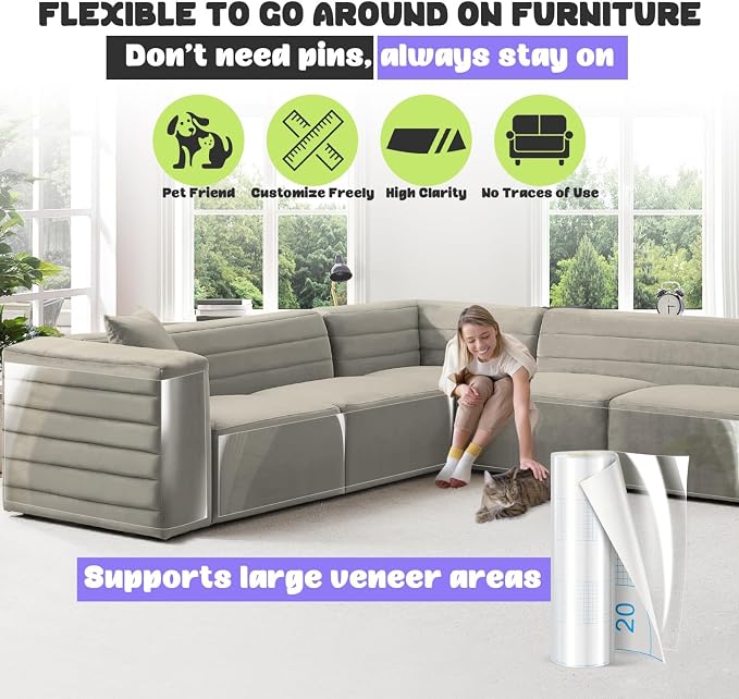 JINVOGREEN Cat Scratch Furniture Protector, 2 Pack 196.8" x 11.8" Couch Protector from Cat Claws, Thickened Transparent Self-Adhesive Furniture Protectors for Couch Protection from Cat Scratching