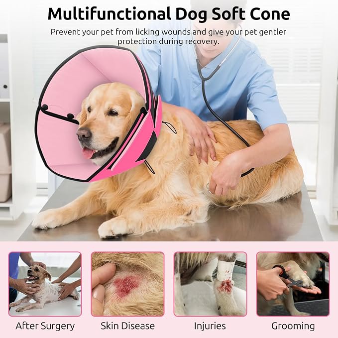 Queenmore Dog Cones for Medium Dogs, Soft Dog Cone Collar After Surgery, Pet Cone for Dogs Wound Care, Spay, Neuter, Breathable Pet Surgery Collars & Cones, Pink M