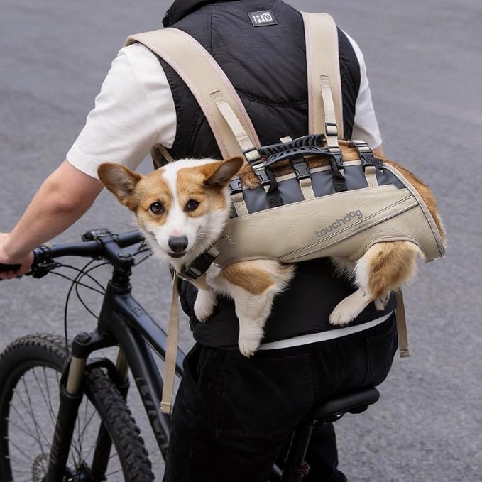 Dog Backpack Carrier for Large Dogs - Hands-Free Pet Travel Pack with 6-Point Safety System, Waterproof & Reflective Design for Motorcycle, Hiking, Surfing (Khaki Color, Medium)
