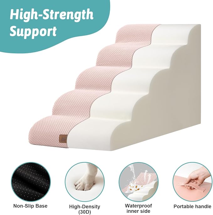 COZY KISS Wide Dog Stairs 19.7" Width, Pet Step for Small/Medium/Large Dog, Puppy or Cat, Pet Ramp for High Bed or Car, High Density Foam Ladder, 19.7x33x22.4 in, Stable, 5 Step, Pink