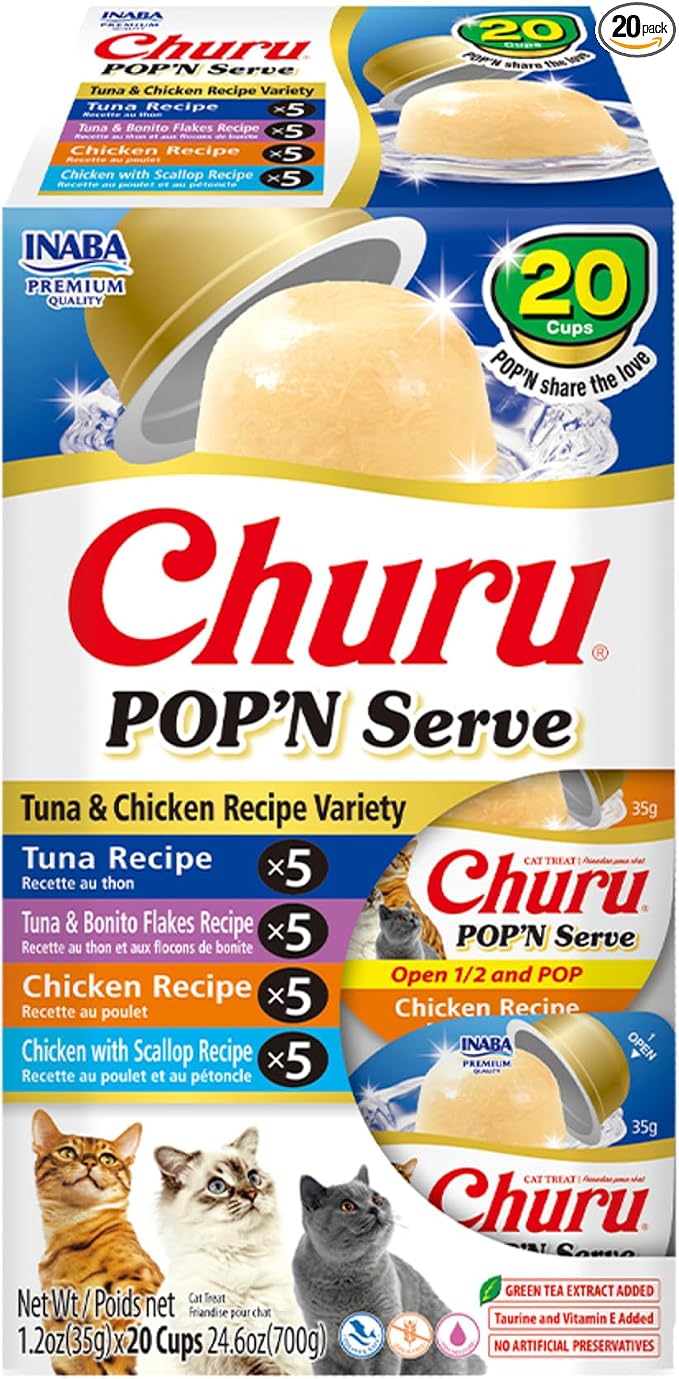INABA Churu Pop'N Serve Jelly Cat Treat with Vitamin E & Taurine, 1.2 Ounce Cup, 20 Cups, Tuna & Chicken Variety
