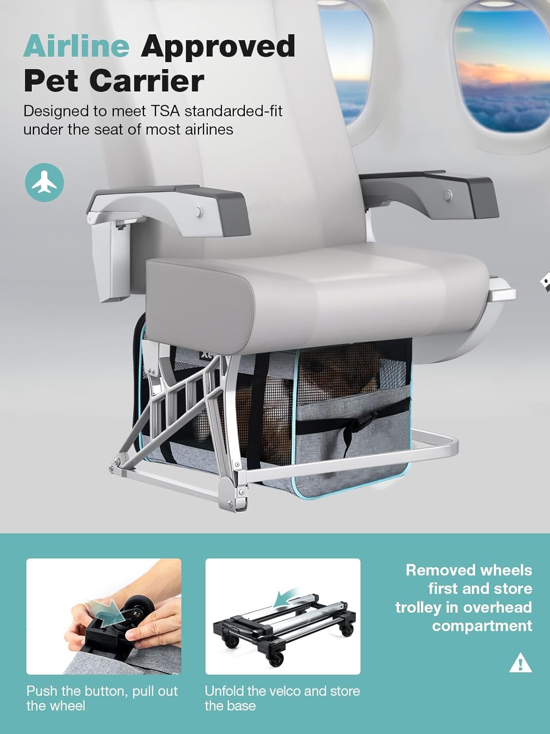 Cat Dog Carrier with Wheels Airline Approved Rolling Pet Carrier with Telescopic Handle, Shoulder Strap and Pet Bowl, Grey