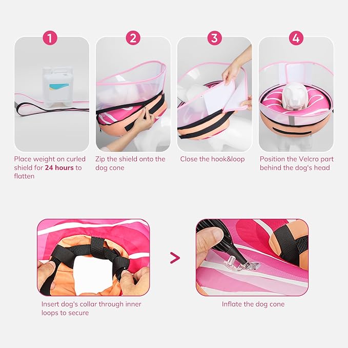 Supet Raised Inflatable Dog Cone After Surgery - Adjustable Recovery Donut Collar with Removable Shield to Stop Licking Wounds & Protect Stitches - Soft Dog Cone Alternative for Large Dogs (Pink,XL)