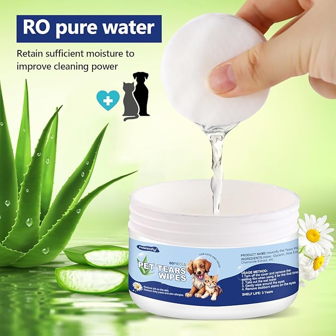 Dog Ear Wipes, Eye Wipes for Cats, Dog Tear Stain Remover Wipes, Pet Eye Wipes for Discharge and Crust (60pcs)