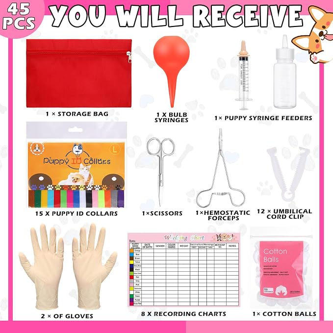 45 Pcs Puppy Dog Kitten Whelping Supplies Starter Kit for Birth Include Pet Playpen Whelping Collar Cord Clamp Bulb Aspirator Syringe Bottle Scissor Glove Bag for New Born Pet Supplies