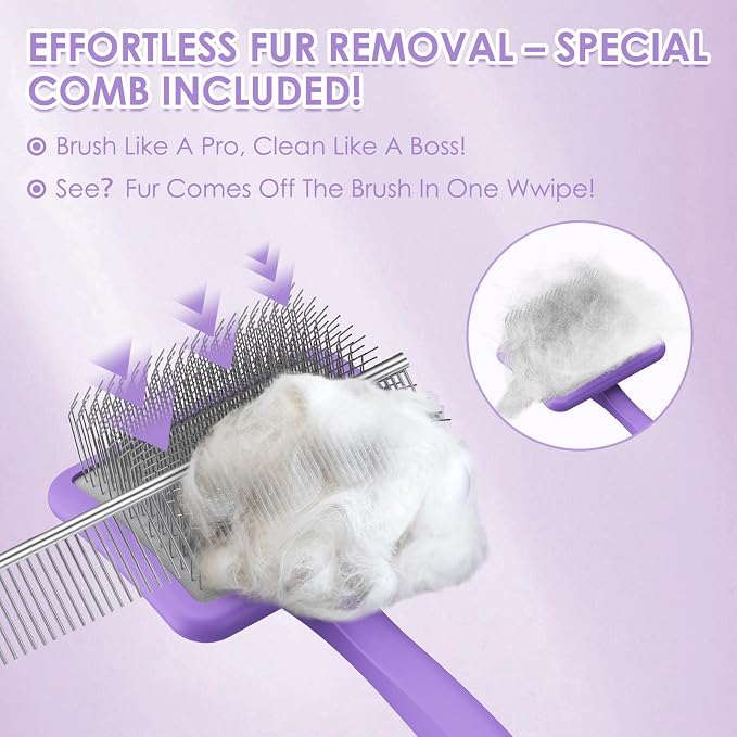 Large Dog Slicker Brush for Goldendoodles, Poodles - 3 in 1 Grooming Kit with Undercoat Rake & Comb - Extra Long Pins Slicker Brush for Dematting, Thick Coats, Shedding, Detangling, Purple