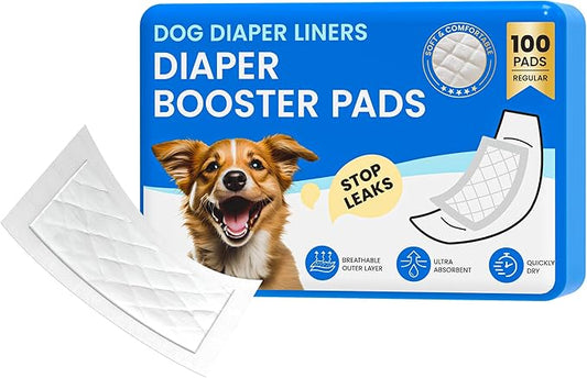 Disposable Dog Diaper Liners Booster Pads for Male & Female Dogs - 100ct | Diaper Inserts fit Most Washable Dog Wraps and Belly Bands,Regular
