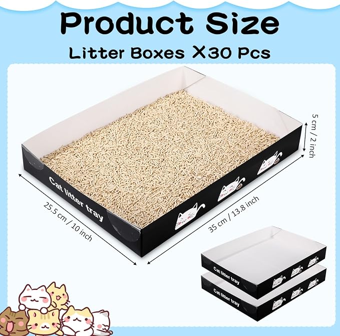 Amyhill 30 Pack Disposable Cat Litter Box 13.8x10x2in Foldable Paper Kitty Trays Bulk Portable Water Proof Cardboard Boxes for Cats Rabbits Guinea Pig Hamster Pets Travel Indoor Supplies(Black)