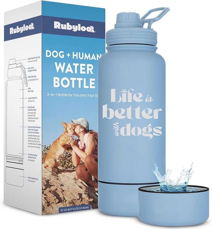 Rubyloo The Original Doggy Bag Backpack (Dark Grey) & 32oz Insulated Water Bottle with Attached 8oz Bowl (Life is Better with Dogs) – Dog Travel Backpack & Hydration Set